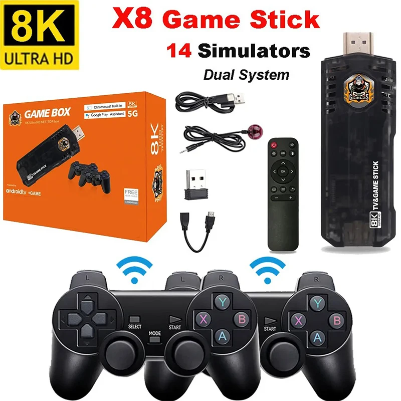 X8 Game Stick 4K 3D Games Arcade Retro Console Per Videogiochi Dual Controller Android 11.1 Hd Tv Dual System Tv Stick