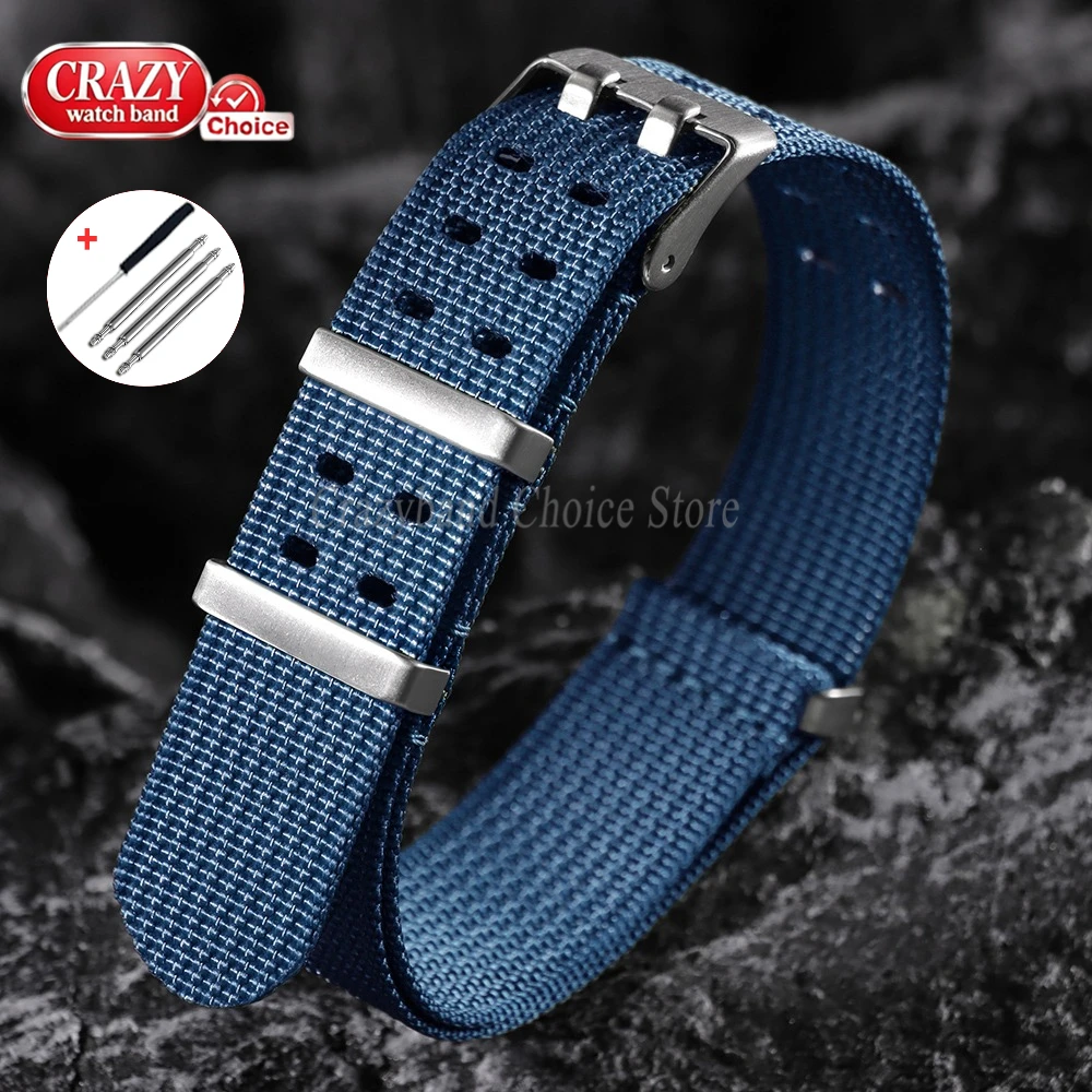 Universal Ribbed Nylon Watch Strap - Black & Blue, Sport & Military Style, Softened Replacement Band