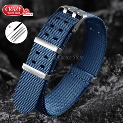 Universal Ribbed Nylon Watch Strap - Black & Blue, Sport & Military Style, Softened Replacement Band - 22mm (Blue)