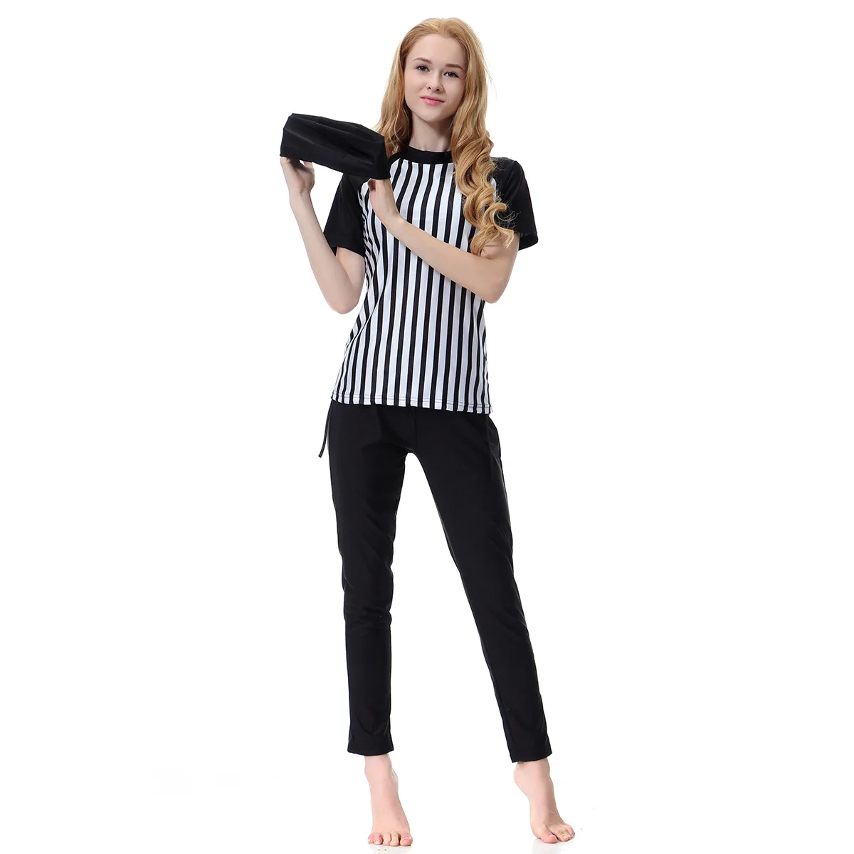 Burkini Muslim Mujer Donna Manica Corta A Righe + Pantaloni + Hajib 3 Pezzi Nuoto Islamico Costumi Da Bagno Acquatici Costumi Da Bagno Tankini Da Donn