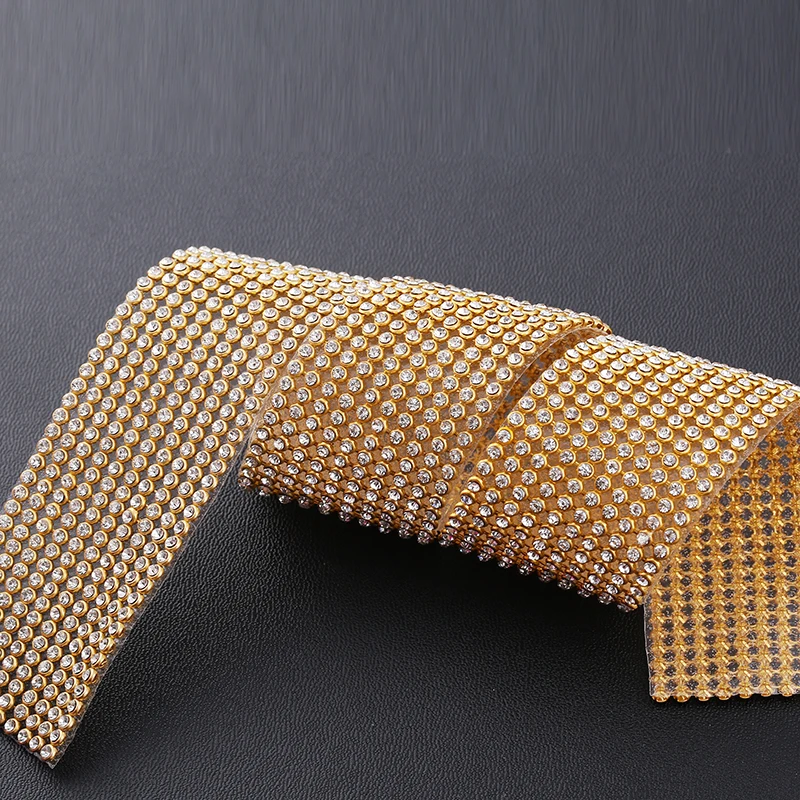 8rows Gold Crystal Rhinestone Chain Trim Hotfix Glass Gold Base Rhinestone Ribbon Clear Tape Trim Iron on Shoes