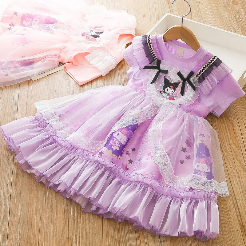 

Anime Sanrio Kuromi Kids Summer Thin Short Sleeves Dress Cartoon Soft Round Neck Lace Tutu Cute Lolita Princess Skirt Girl Gift