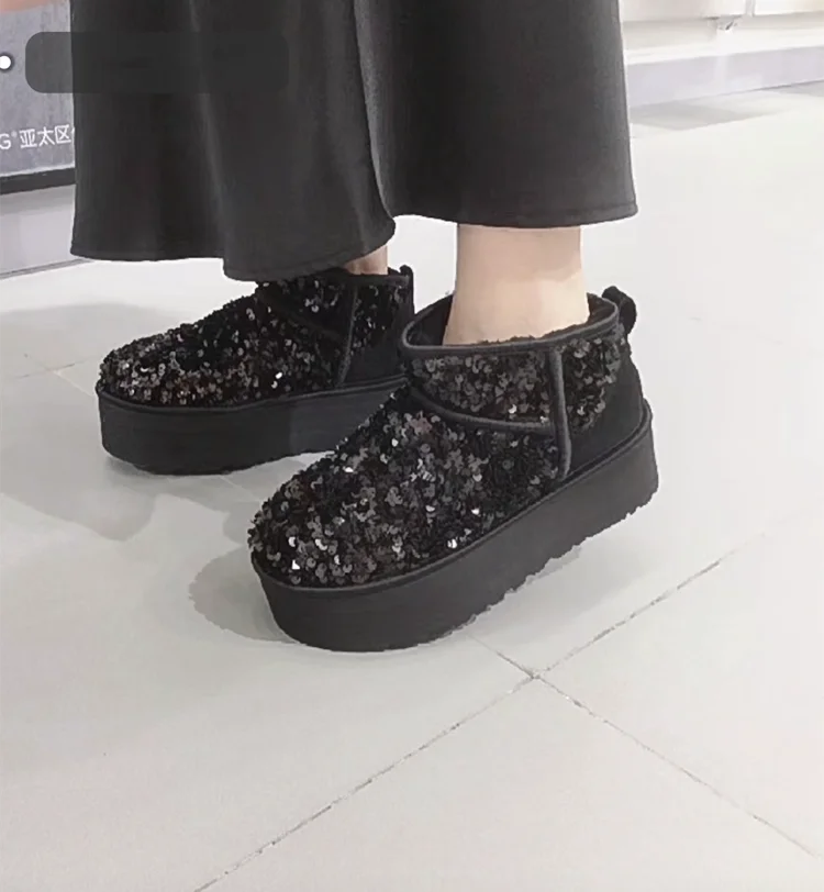 HQF UG 2024 зимние сапоги черные женские зимние сапоги с блестками из коровьей замши кожи с шерстяной подкладкой теплая Уличная обувь Женская Мини сапоги на платформе