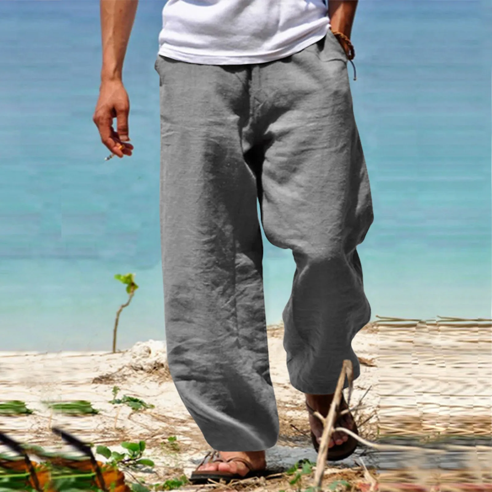 Men pants Men's Cotton Linen Harem Pants Casual Drawstring Elastic Waist