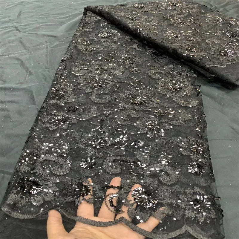 

Black African Lace Fabric with Sequins, Embroidered Tulle, Nigerian Lace Fabric, Black French Net, High Quality, 2.5Yards