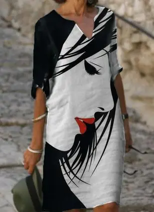 

2023 New Colorblock Printed Panel V-Neck Wide Pine Bamboo Vintage Art Round Neck 5/4 Sleeve Dress