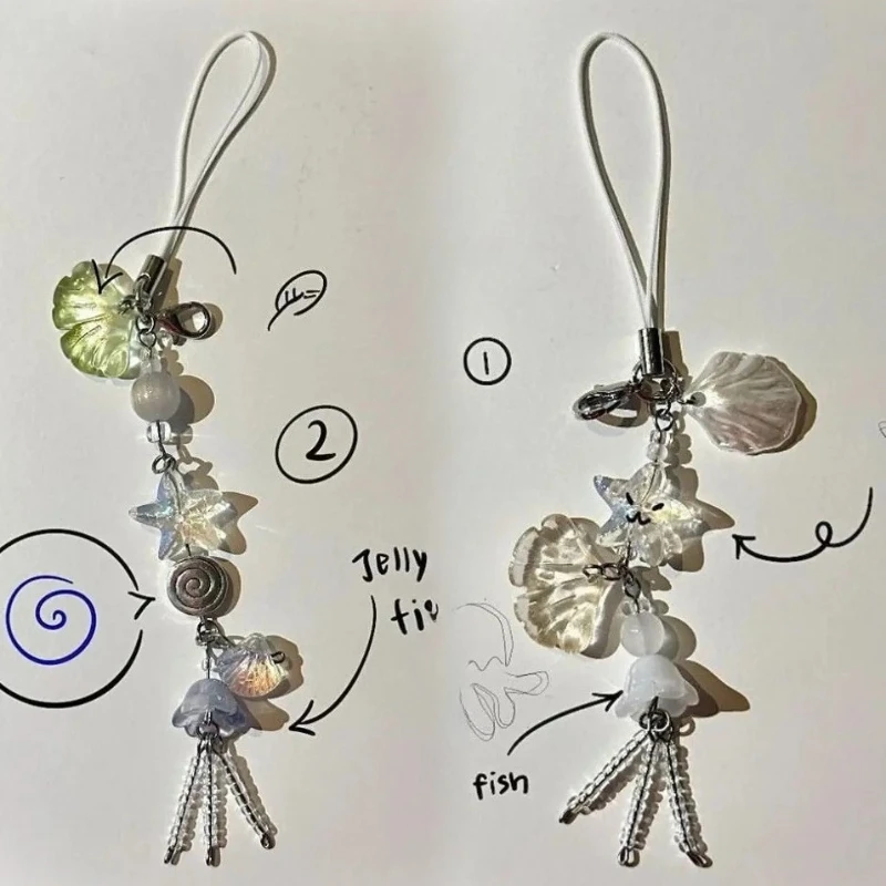 1PC Summer Ocean Style Phone Charm Strap New Woman Bag Seashell Jelly Fish Keychain Keycord Cute Girl Key Strap Lanyard