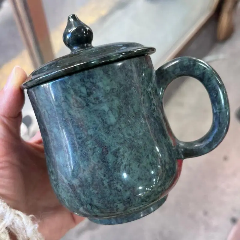 Natural Jade Teacup Mug With Handle And Lid Genuine Jades Stone Milk Mug Water Cups Health Gongfu Teaware