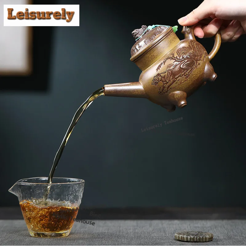 450ml Yixing Purple Clay Teapots Handmade Auspicious Beast Pot Raw Ore Wood-fired Porcelain Mud Kettle With Infuser Zisha Teaset