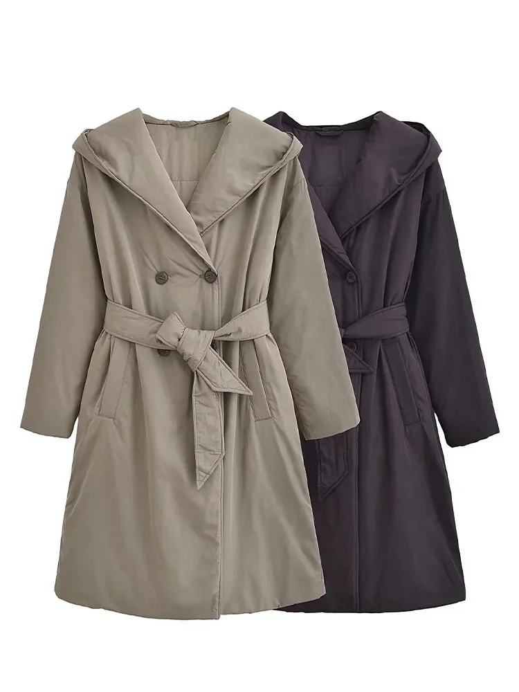 

HH TRAF Winter Fashion Women's Thicken Coat Hooded Jacket with Pockets Belt Maxi Outerwears Woman Chic Double-breasted Parka