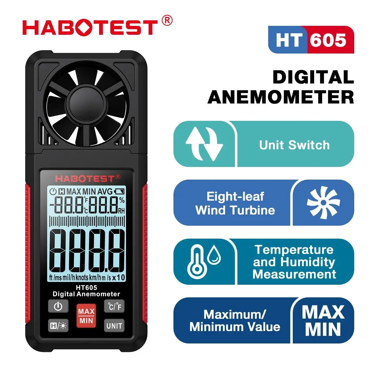 HABOTEST Digital Anemometer HT605, portable wind speed meter windmeter LCD backlight display temperature humidity meter
