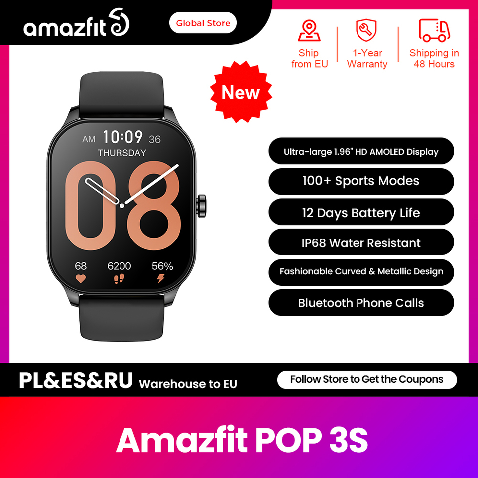 New Amazfit Pop 3S Smartwatch 100+ Sports Modes 24/7 Heart Rate, Spo & Stress Monitoring Smart Watch For Android IOS Phone