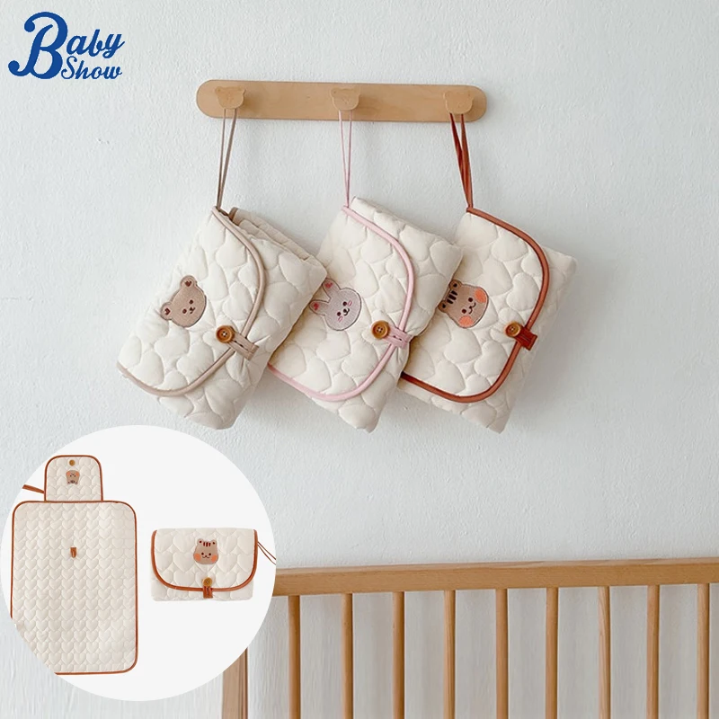 Portable Baby Changing Pad Diaper Mat Foldable Cute Bear Embroidery Diaper Changing Pad Replacement Cover Babies Accessories