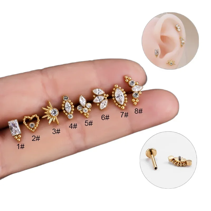 

1Piece G23 Titanium 1.2*8mm Piercing Flat Studs Lip Stud Earring for Women Medical Titanium Heart Earrings for Teens Ear Cuffs