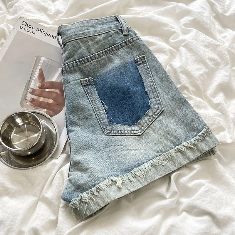 RENA retro vintage light blue washed basic high waisted slim raw edge denim shorts