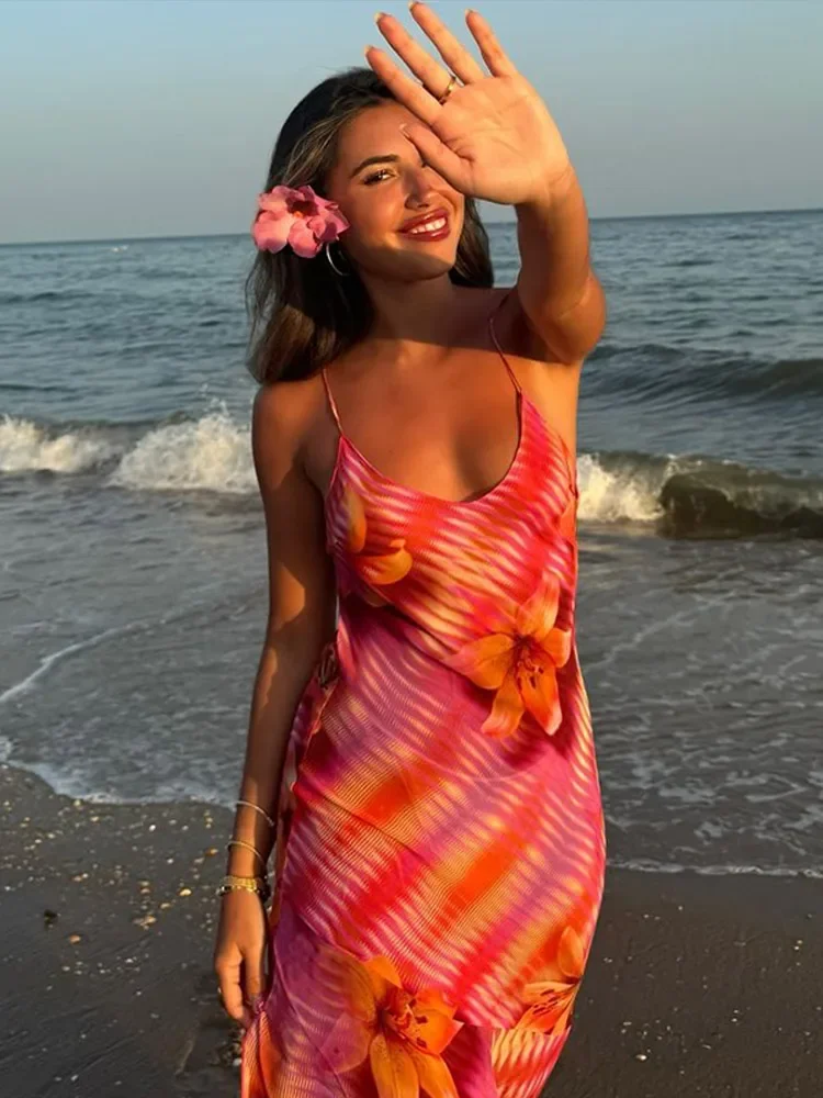 Chic Flower Printed V Neck Beach Dress For Women Fashion Sleeveless Backless Ruffles Midi Dresses 2025 Summer Lady Holiday Robes 5