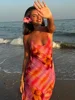 Chic Flower Printed V Neck Beach Dress For Women Fashion Sleeveless Backless Ruffles Midi Dresses 2025 Summer Lady Holiday Robes 5