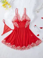 Ensemble chemise de nuit et culotte en dentelle pour femme, sous-vêtements transparents, vêtements de nuit, lingerie sexy 2