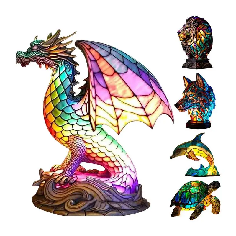 

Resin Stained Glass Animal Table Light Night Light Owl Horse Rooster Elephant Table Lamp for Living Room Home Bedroom Decoration