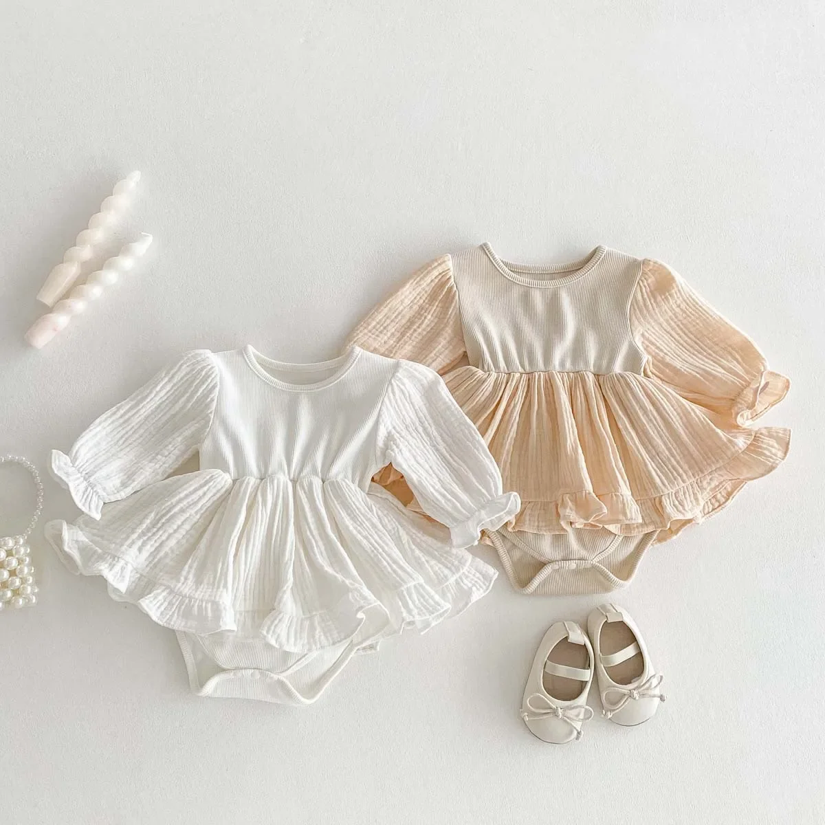 Spring Newborn Princess Onesie Cotton Baby Girl Outfit Korean Style Full Month Going out Clothes Trousers Included