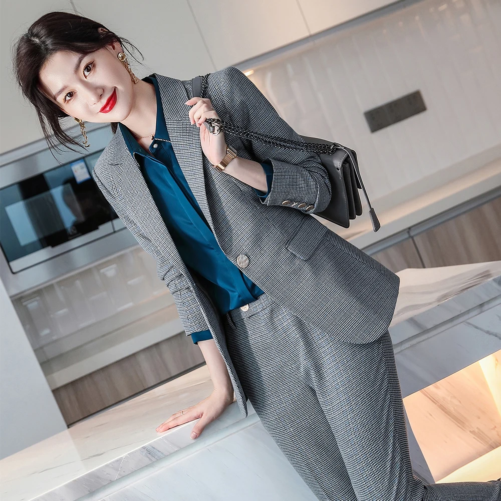 High Quality Ladies Women Winter Gray Plaid Pant Suit for Office Business Work Female Two Piece Set Blazer and Trousers
