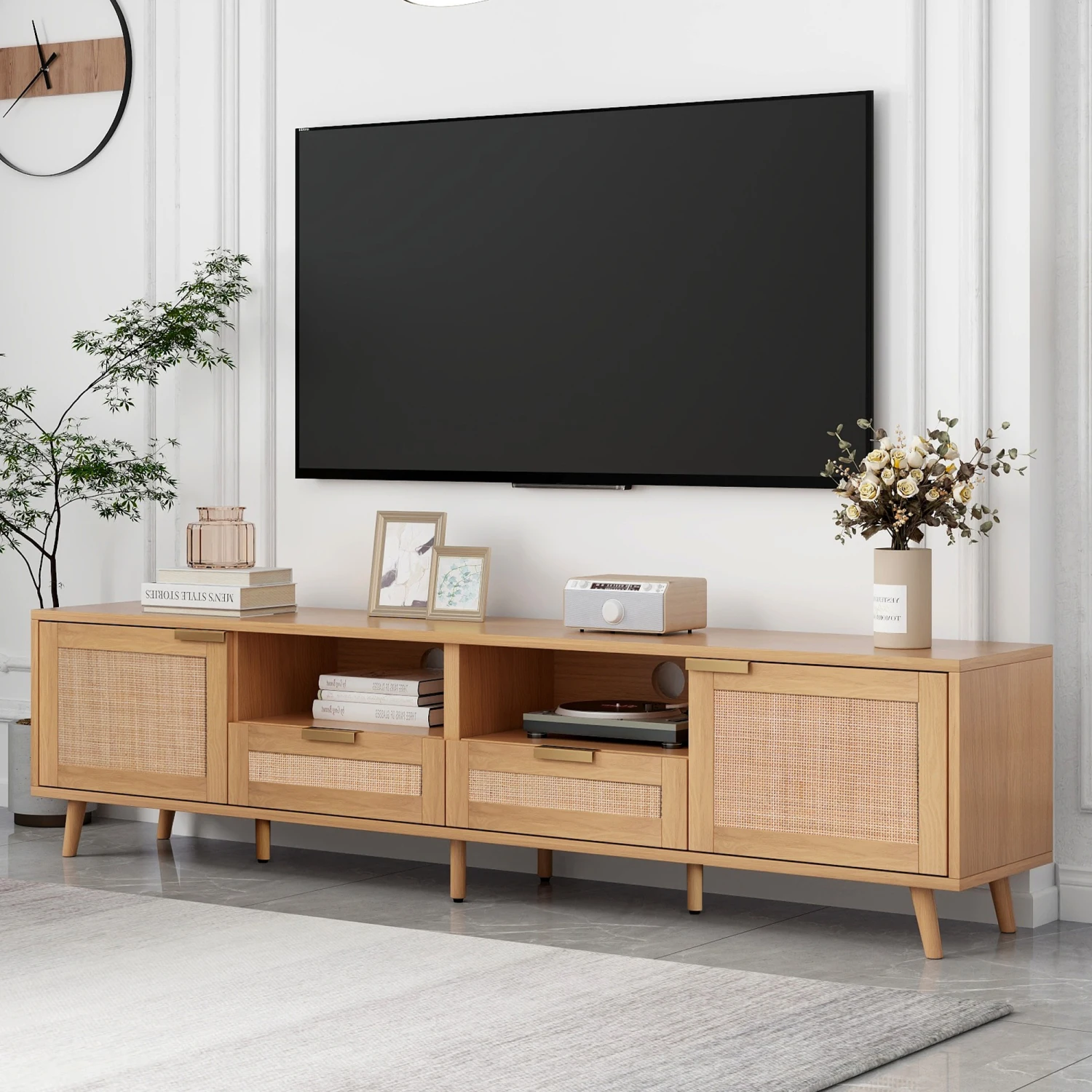 Rattan TV Stand for TVs up to 85'', Modern Farmhouse Media Console, Entertainment Center with Solid Wood Legs, TV Cabinet for Li 3