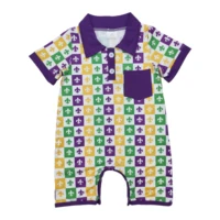 Wholesale Toddler Mardi Gras Romper Kids Short Sleeves Clothes Baby Boy Checked Bubble Children Infant Pullover Buttons Jumpsuit 1