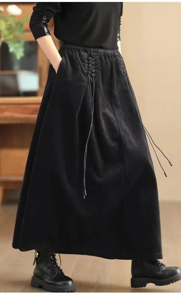 YZJNH 2024 Autumn New Half length Skirt Women's Loose Corduroy Half length Skirt Women's Elastic Waist Big Hem Velvet Long Skirt 3