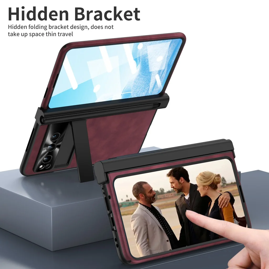 For Google Pixel Fold Case Slot Kickstand with Tempered Film Matte Plain Leather Hard Shockproof Protection Back Cover with Pen