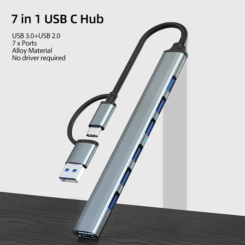 Aluminum Alloy 7-Port USB Hub 3.0 Type-C Splitter Extender