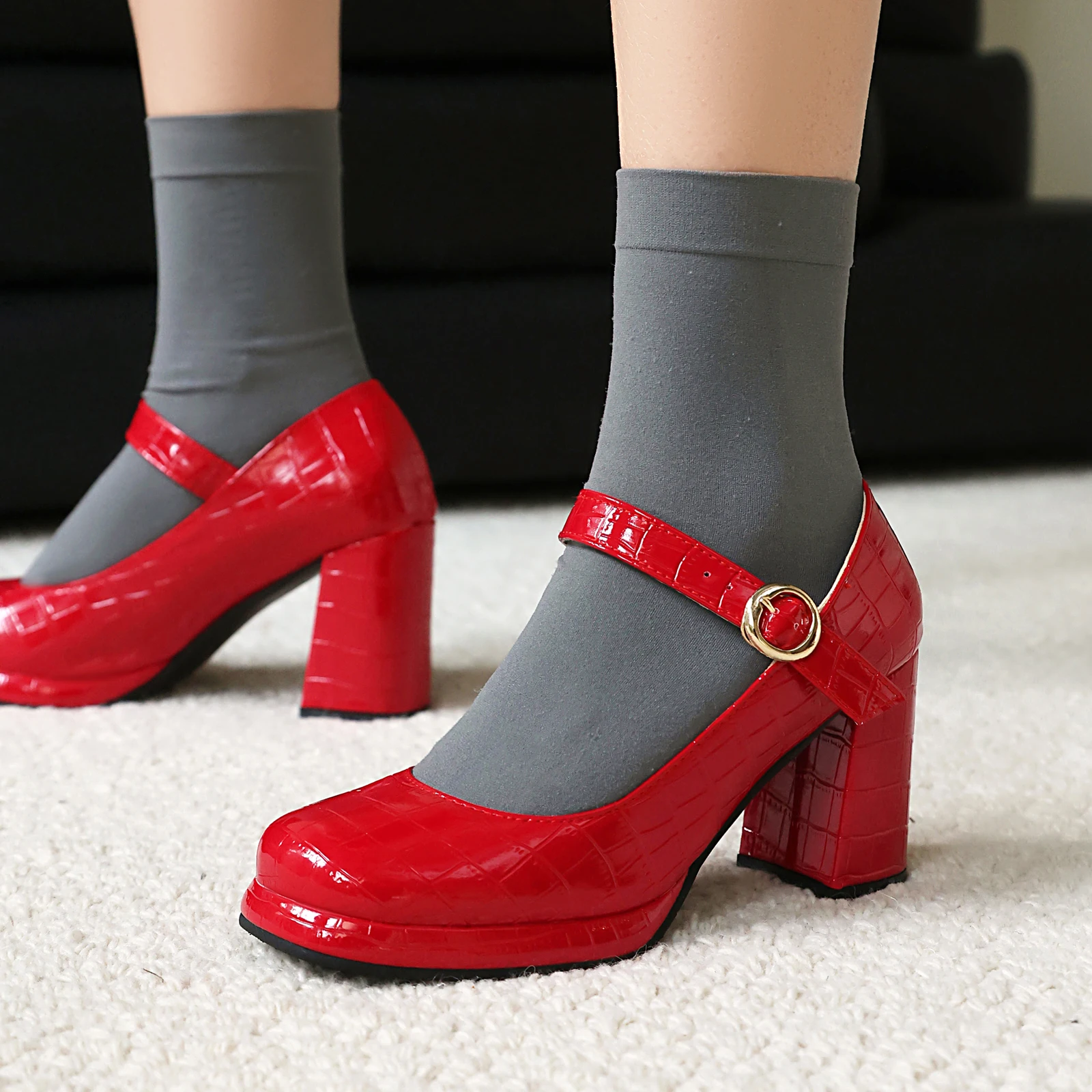 Women Heels Pumps Platform Strappy Mary Janes Shoes Black Red Patent Leather Alligator Print Comfortable Chunky Style 5
