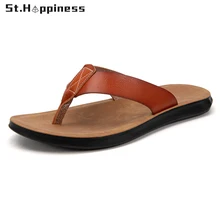 

2021 Summer New Men's Leather Flip Flops Brand Luxury Beach Black Slippers Fashion Casual Outdoor Brown Slippers Big Size Hot