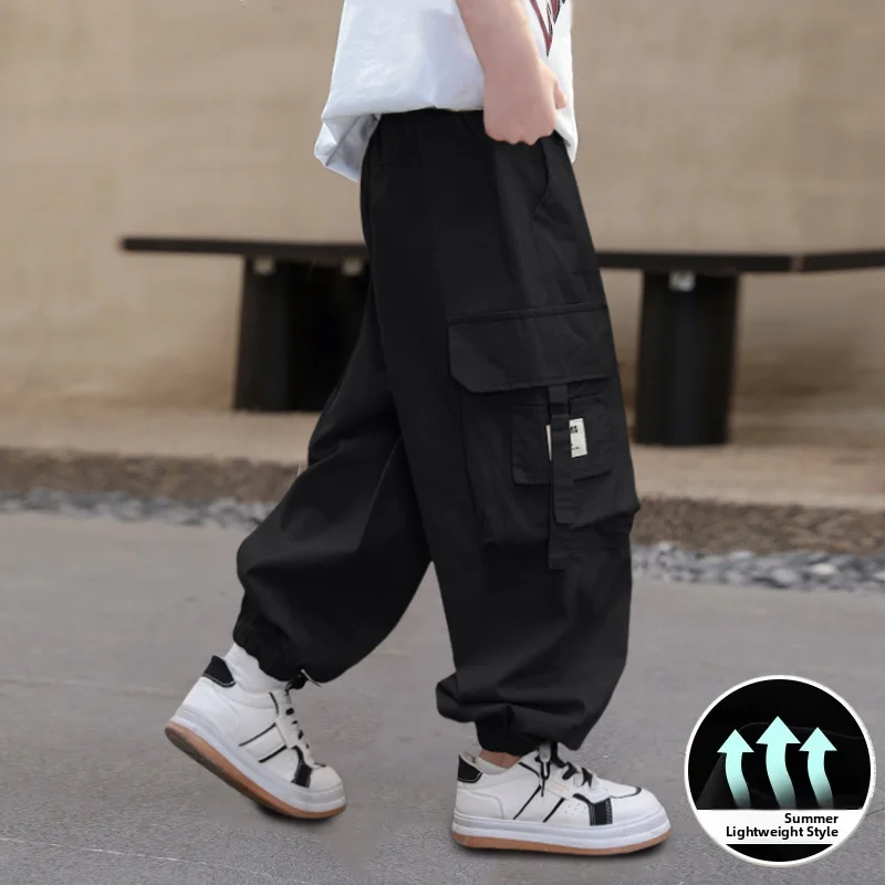 Boys Summer Thin New 2026 Big Boys Long Pants Cool Fashionable Street Children Workwear Pants Casual Print Elastic Waist Poly... - 4