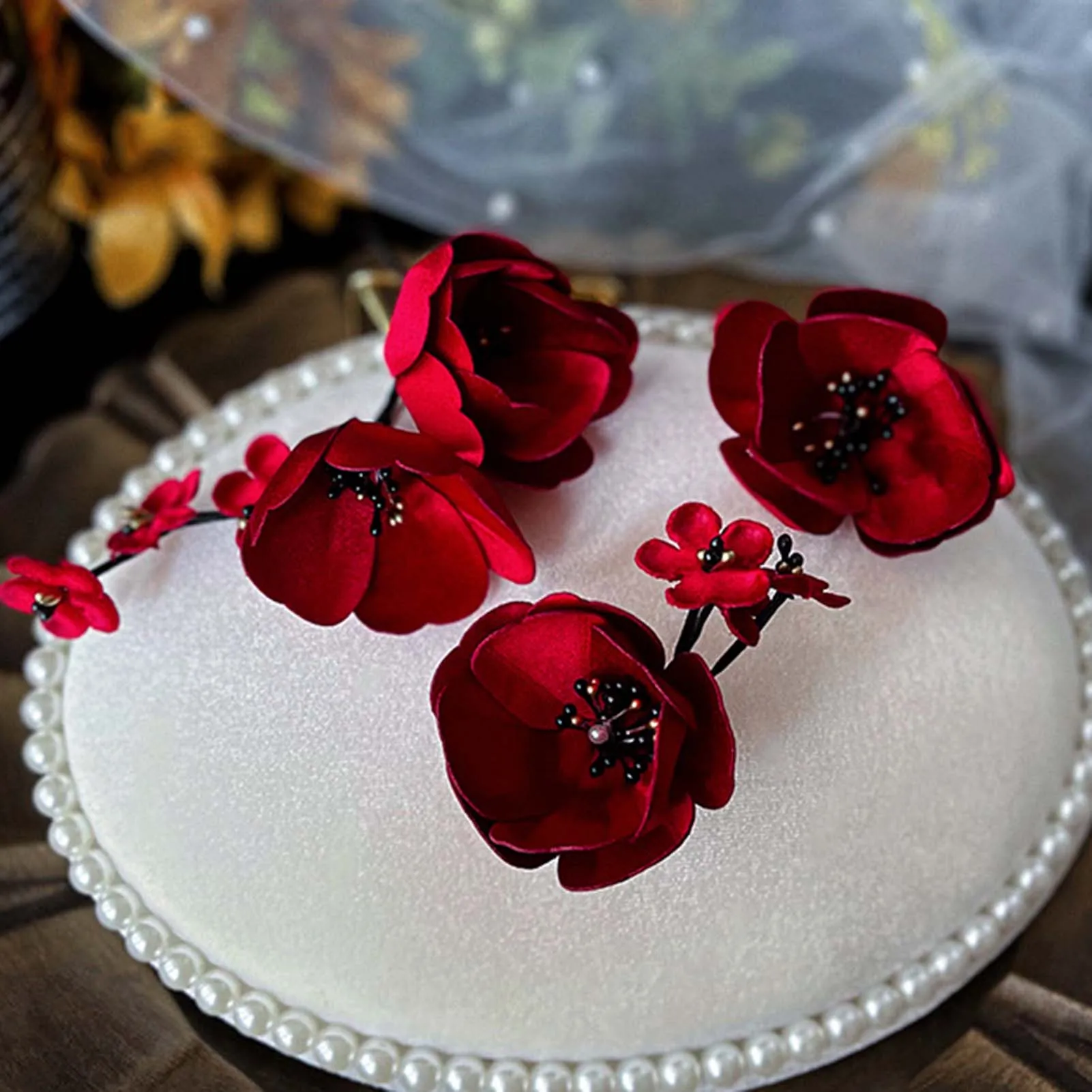 Rote Blume Haarband Hochzeit Haarschmuck Elegante Braut Tiaras Kopfschmuck Mode Ehe Kranz mit Ohrring Fee Stirnband – Detail 8