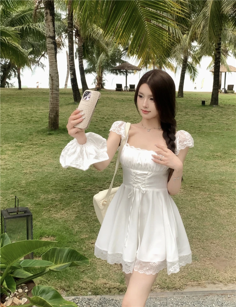 Y2K Lace Princess Party Dress Sexy Spaghetti Strap Square Collar Ruffles A-line Short Dresses for Women Prom Summer Mini Vestido