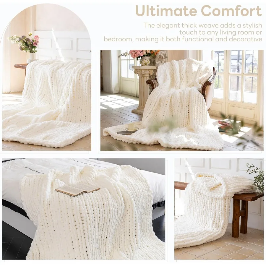 Luxury Soft Cozy Extra Large Chunky Knit Throw Blanket in Milk White 80 x 90 Inches 100 Woven Rope Knot Design for Couch Sofa H