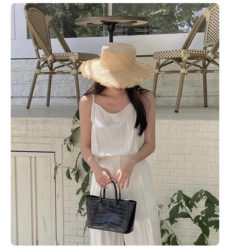 100% Handmade Natural Raffia Hats Women Flat Top Wide Brim Straw Hat Beach Hat Lady  Holiday Panama Sun Protection Sun Hat 2