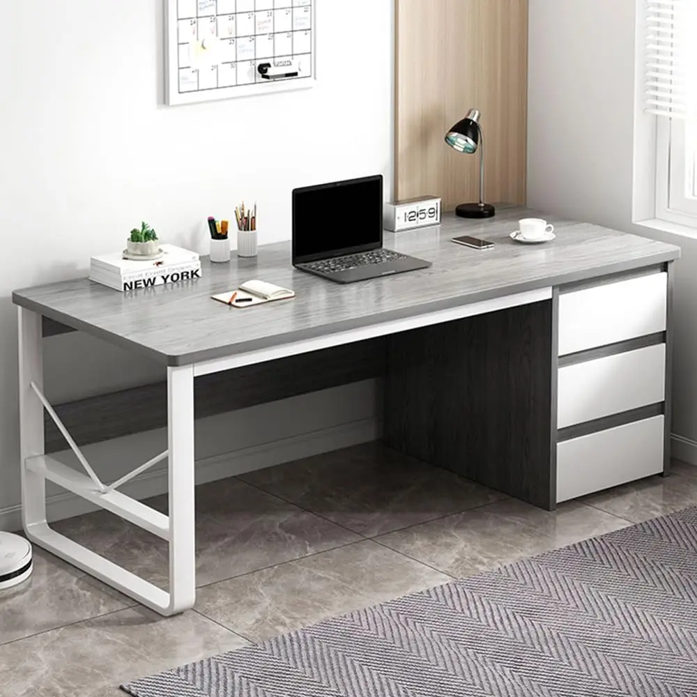 مكتب، مكتب كمبيوتر خشبي مع أدراج، طاولة دراسة للمكتب المنزلي، سطح مكتب واسع وإطار فولاذي متين، لدراسة الكمبيوتر المحمول