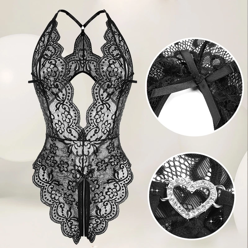 Women Lace Lingerie Hollow Bra Set Deep V Open Bra Underwear Set Transparent Bodysuit Dress