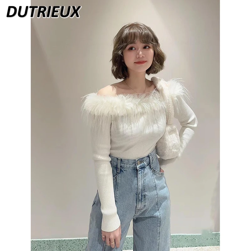 

Japanese Sweet Autumn Winter New Knitted Bottoming Shirt Solid Color Fashion Fur Collar Patchwork Cold-Shoulder Short Sweater