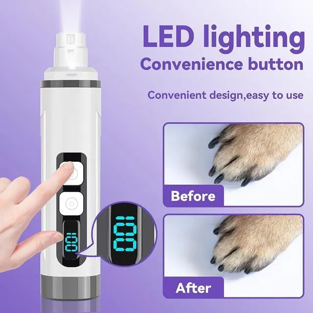 Dog Nail Grinder Quiet- Ultra-Quiet Dog & Cat Nail Grinder with LED Light & Battery Display & Upgrade Grinding Head - Painless N 5