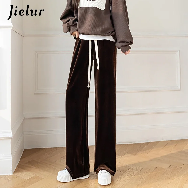 Jielur Gray Black Pleuche Wide Leg Pants High Waist Loose Women Pants Winter Fashion Casual Straight Long Trousers S-XL