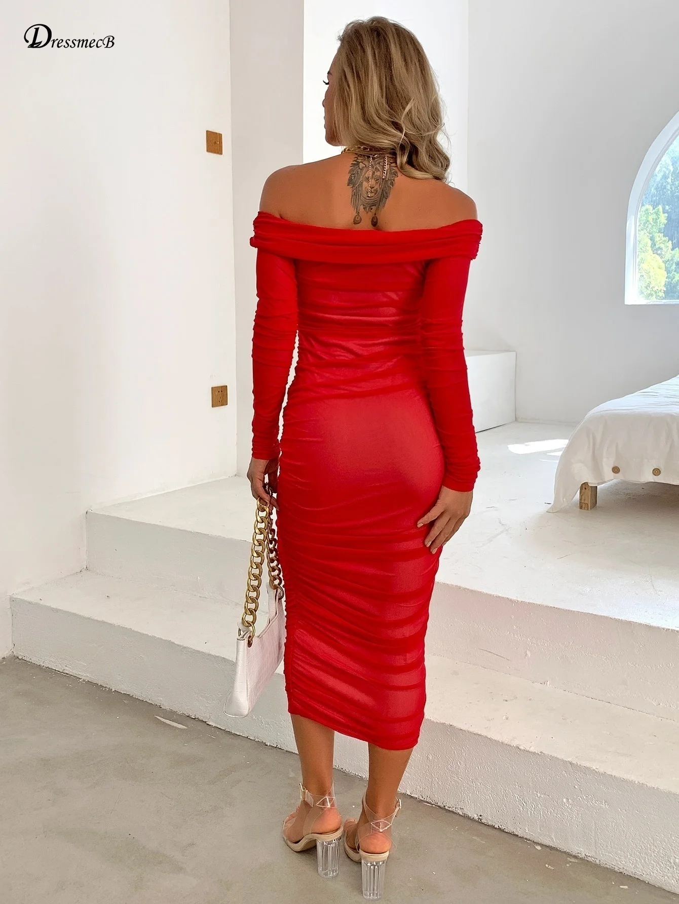 Joyfunear Off Shoulder Ruched Mesh Bodycon Dress