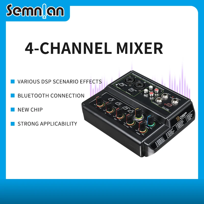 

SEMNLAN 4-Channel Audio Interface DJ Console Mixer With Bluetooth USB Sound Card 48V For Live Streaming PC Recording Microphone