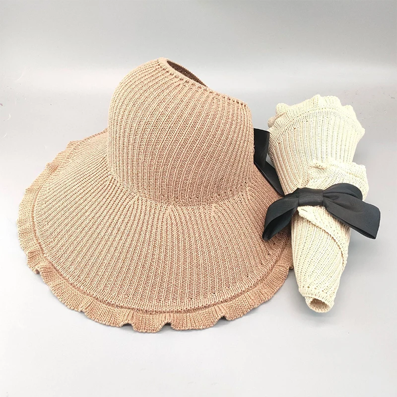 

Summer Foldable Women's Empty Top Sun Hat Wave Edge Bow Bow Large Eaves Outdoor Sun Shade Sun Protection Straw Hat