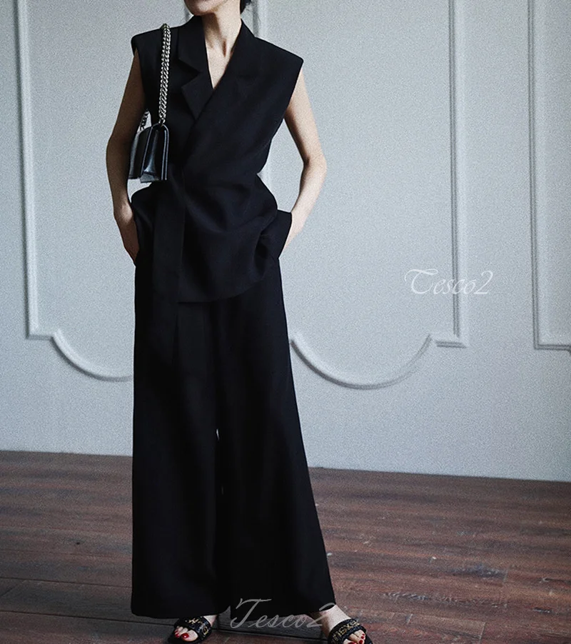 Tesco Spring Women's Elegant Pant Sets Western Sleeveless Suit Vest Wide Leg Pants 2 PCS For Wedding Party Casual Summer Outfits