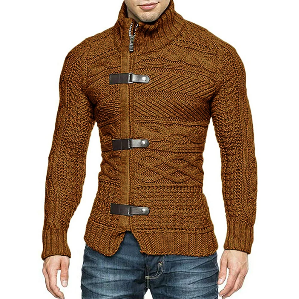 Men's Autumn Winter High Collar Sweater Cardigans Zip Up Cable Knitted Cardigan Turtleneck Sweater Coat Knitwear Jacket