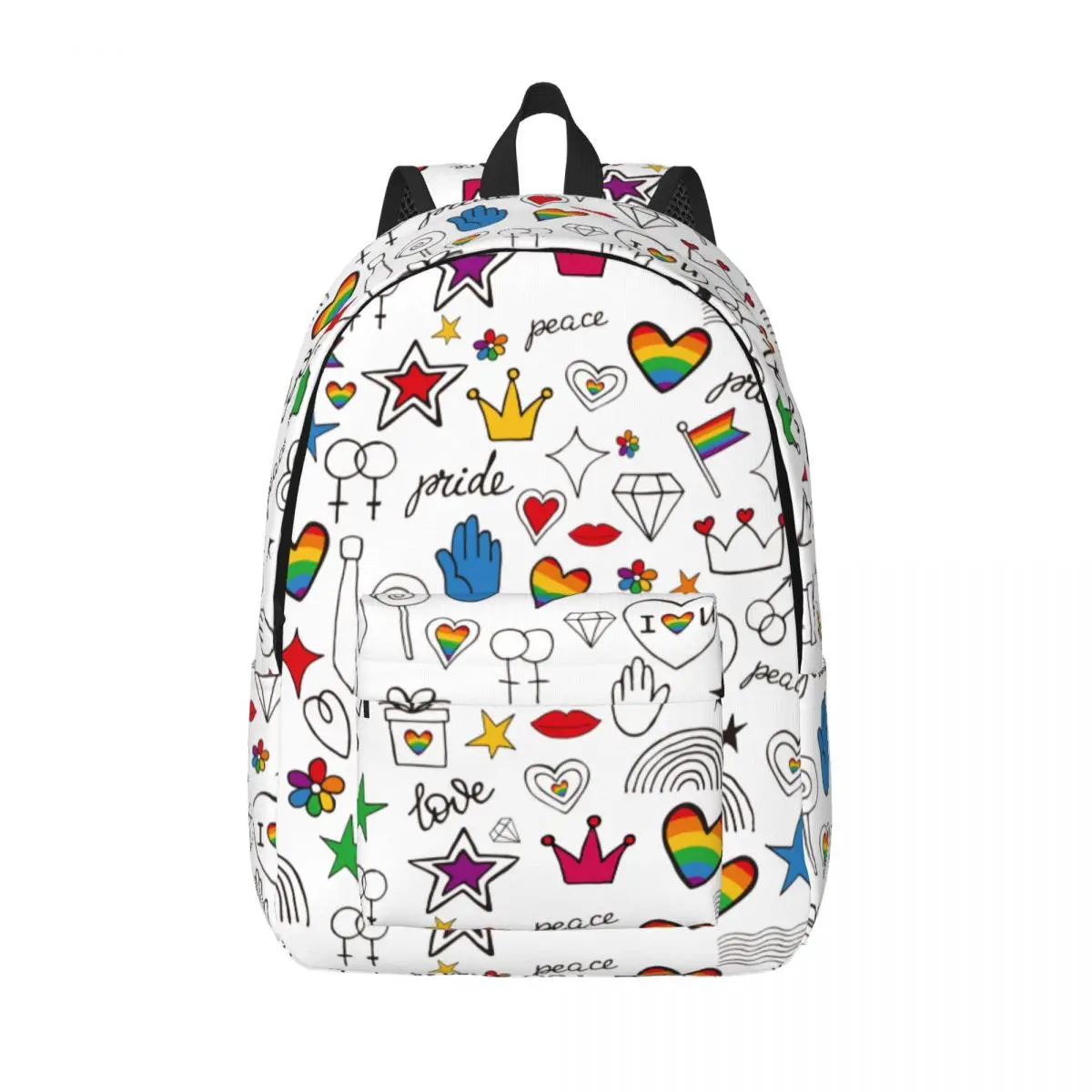 

LGBTQ Doodles Pride Love Peace Rainbow Classical Backpack Gay Parade Slogan LGBT Rights Daypack for Men Women Shoulder Bag