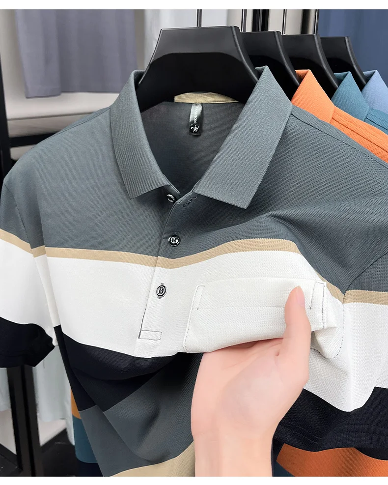 Fashion luxury striped short sleeve polo shirt summer new trend pocket design comfortable breathable Korean casual golf T-shirt 23 Sc67623941a444ad4bfe327eee8276ffbb