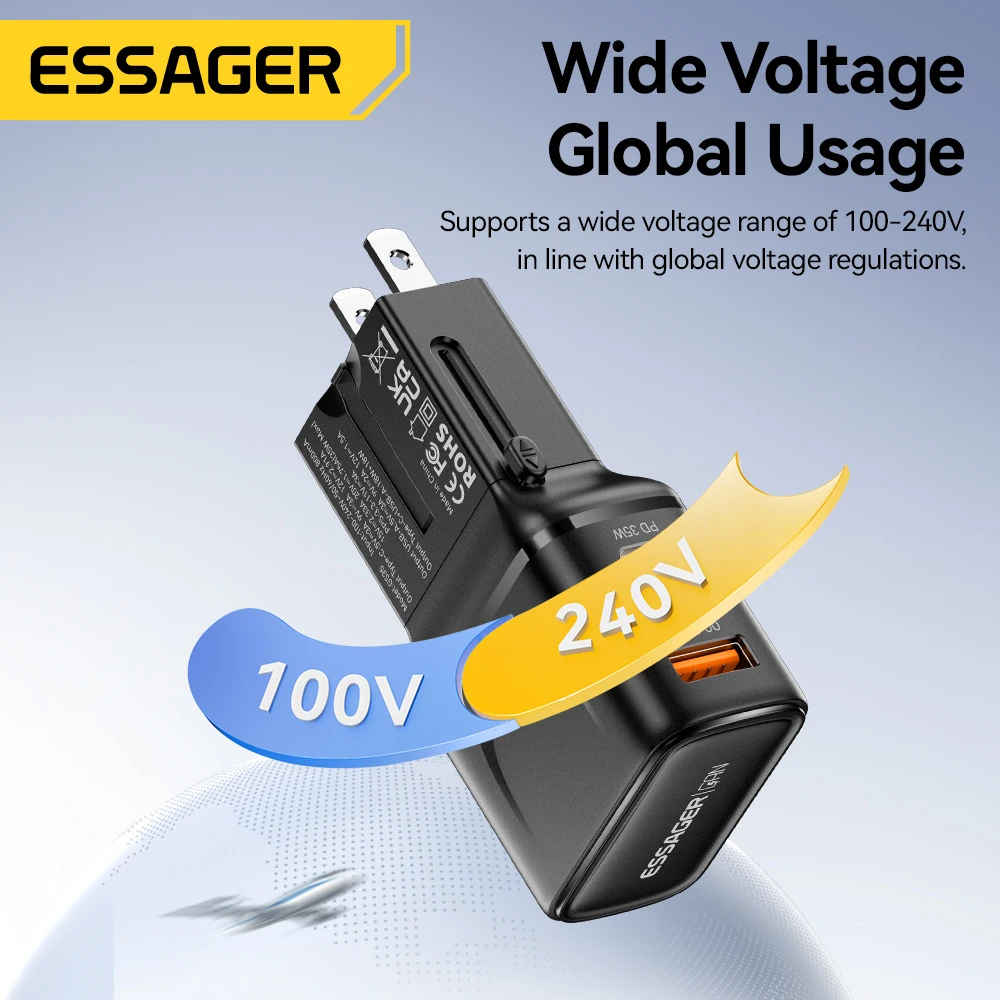 Essager 35W GaN International Travel Adapter Dual Ports USB-C Fast Charging Travel Charger For US/CN EU UK AUS Plug For Travel